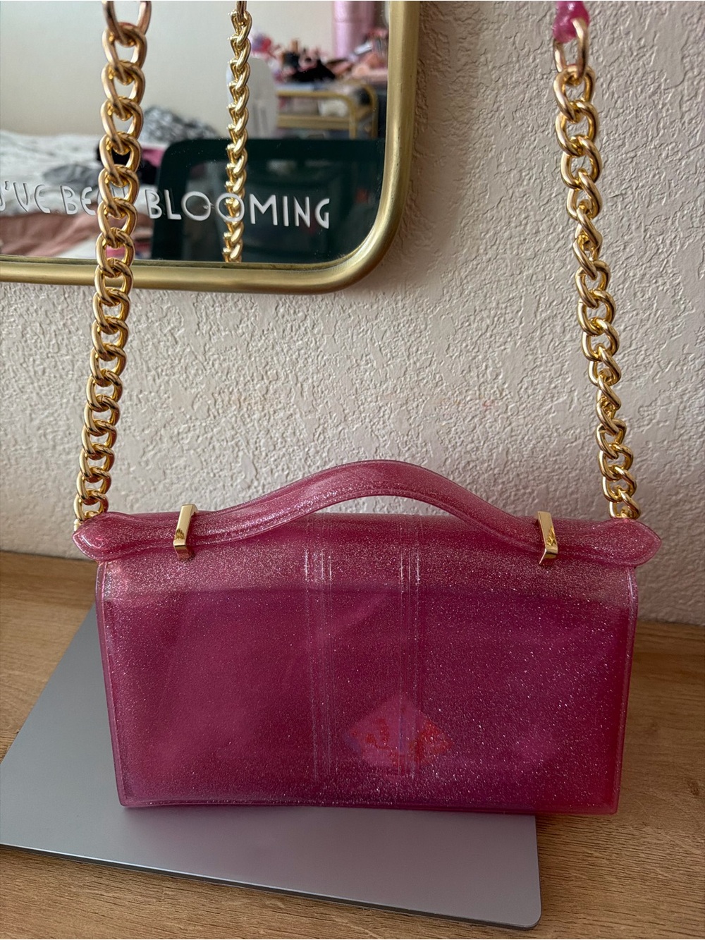 Sparkling Pink Mini Jelly Bag with Gold Chain